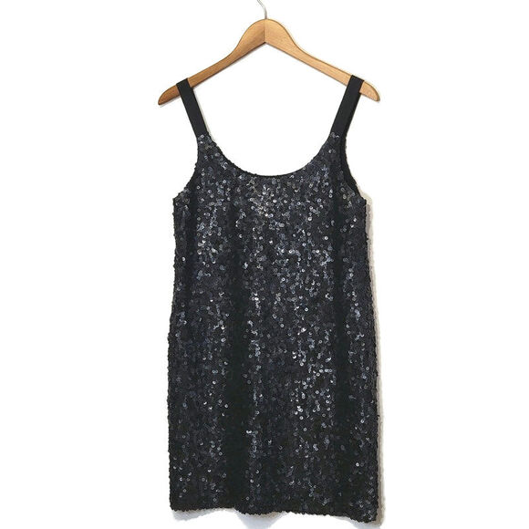 Theory Sequin Silk Scoop Neck Sleeveless Black Shift Mini Dress Size 8 - Picture 9 of 13
